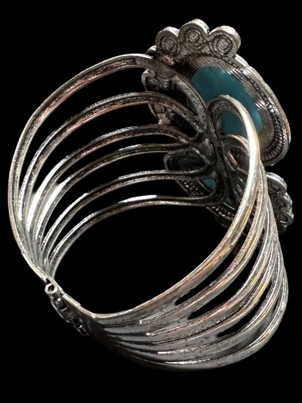 Southwestern Style Chunky Hinged Bangle Bracelet Silver Tone Blue Center Womens - Picture 4 of 6